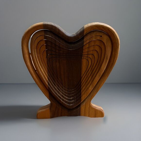 Vintage Mid-Century Accordion Wood Heart Shaped Folding Fruit Basket Trivet Bowl - Picture 5 of 8